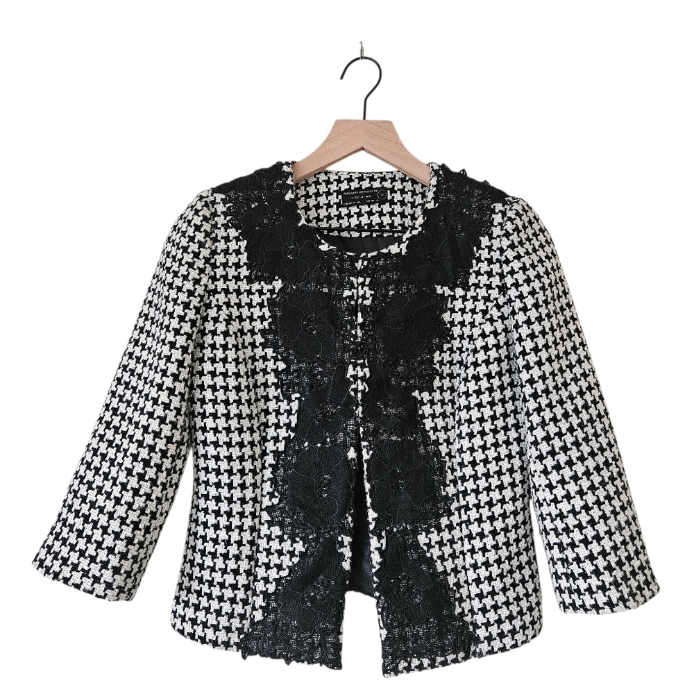 All Saints Black And White Houndstooth Lace Applique Tweed Blazer